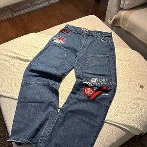 Y2K FUBU Men's Blue Jeans with Red Accents